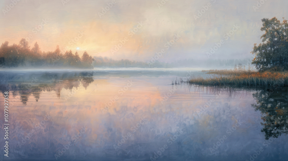 The first light of dawn reflecting on a still lake, the water calm and undisturbed, with a soft mist hovering above The first light of dawn reflecting on a still lake, the water calm and undisturbed, with a soft mist hovering above