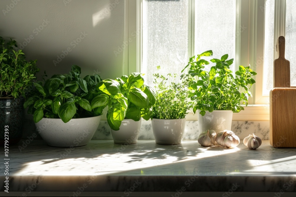 A wide shot of an organized kitchen counter filled with bunches of fresh herbs like basil, mint, and tarragon, AI Generative. A wide shot of an organized kitchen counter filled with bunches of fresh herbs like basil, mint, and tarragon, AI Generative.