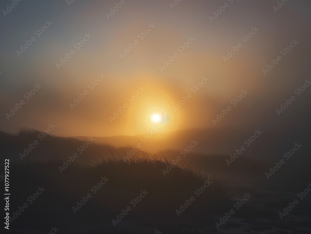 The first light of dawn shining through a thick fog, casting a diffused glow over the landscape as the sun rises. The first light of dawn shining through a thick fog, casting a diffused glow over the landscape as the sun rises.