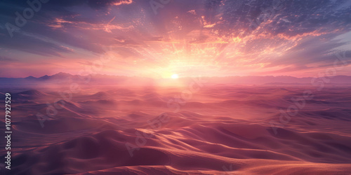 The first light of dawn spreading across a vast desert landscape, creating a serene and tranquil atmosphere.