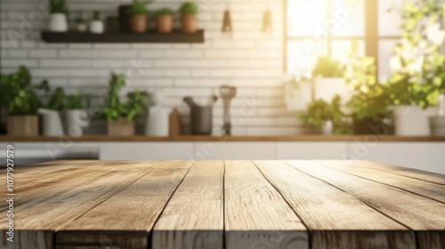 A sunlit kitchen with a wooden table and potted plants, creating a warm atmosphere.