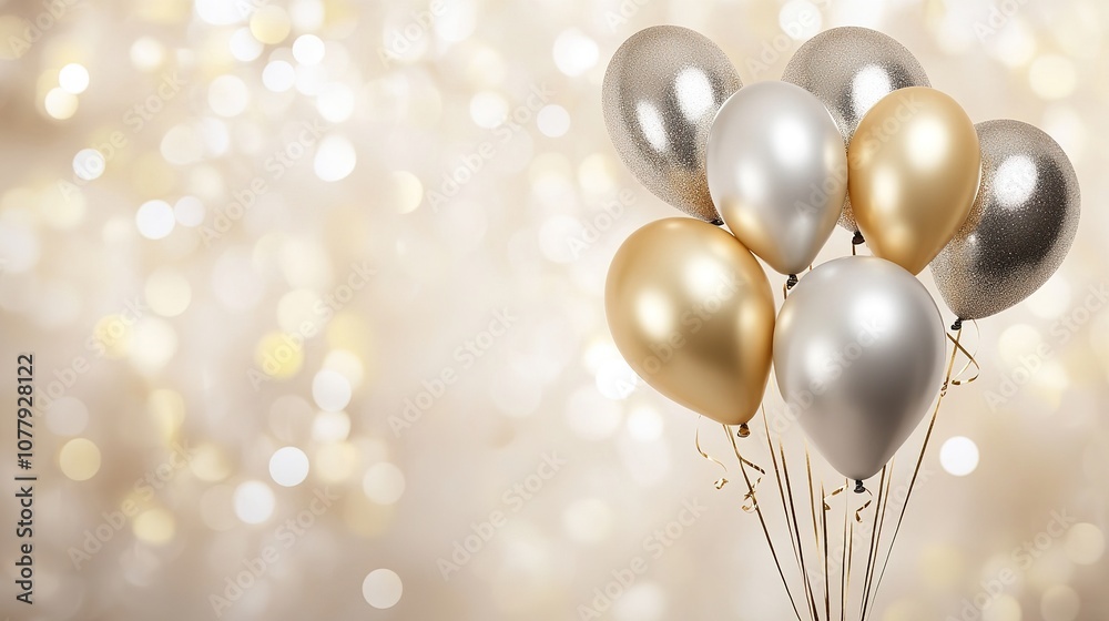 Gold and Silver Balloons on a Bokeh Background - Illustration