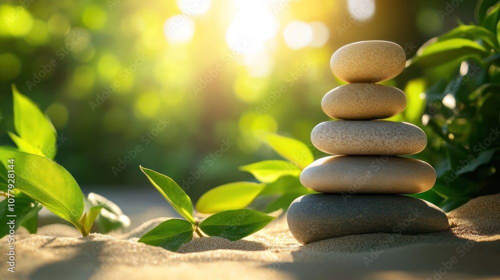 A serene stack of stones surrounded by greenery, symbolizing balance and tranquility. A serene stack of stones surrounded by greenery, symbolizing balance and tranquility.