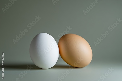 Simple egg duo in soft green light, leaning against each other