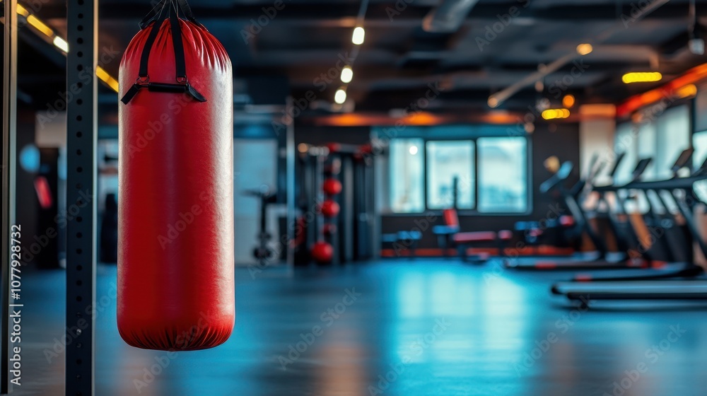A red punching bag hangs in a modern gym, highlighting a fitness environment.