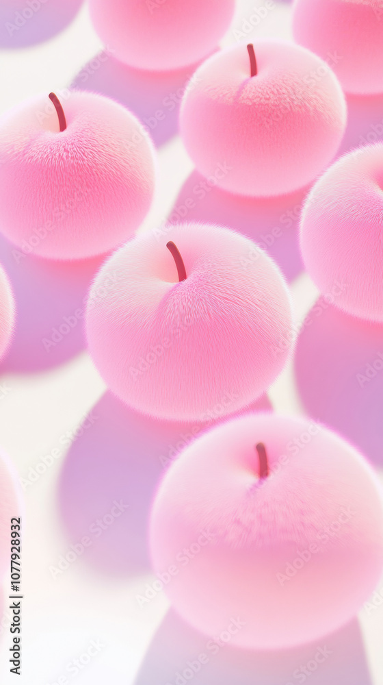3D pink furry fluffy apples plush toy creative playful fun fruit background. fashion designed cute style advertising wallpaper