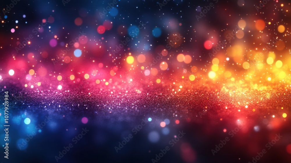 Bright multicolored bokeh light pattern on black background for an energetic design