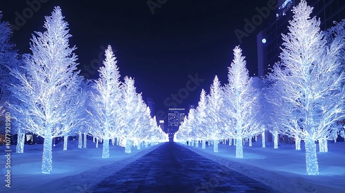 Rows of Beautifully Illuminated Snow Sculptures Lining the Scenic Path of the Sapporo Snow Festival at Night Creating a Magical Winter Wonderland Atmosphere photo