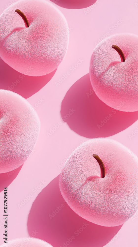 Fototapeta premium 3D pink furry fluffy apples plush toy creative playful fun fruit background. fashion designed cute style advertising wallpaper