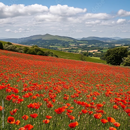 Sprawling red poppy field in full bloom covering the rolling green hills under a bright blue sky with soft white clouds in the distance creating a serene and picturesque countryside landscape