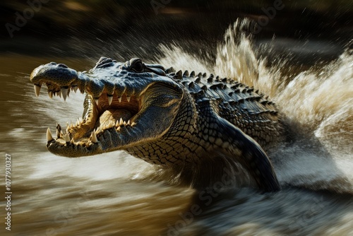 Crocodile lunging out of murky water, jaws wide open, motion blur adding tension and immediacy to the attack, dangerous, water, predator, power, wild