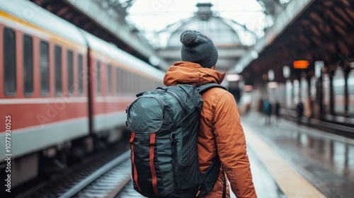 A traveler waits at a train station, gazing at the platform with a backpack.