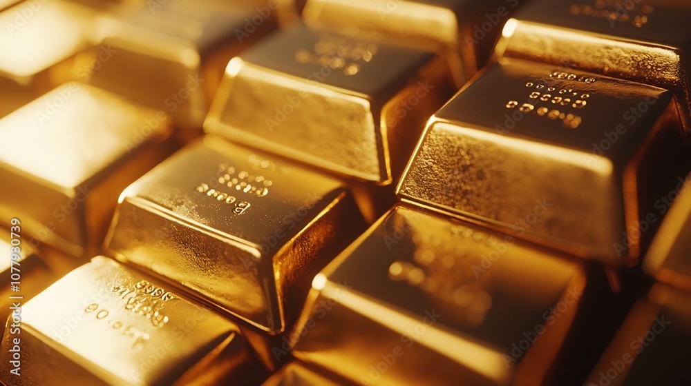Stacked shiny gold bars in front of a live financial exchange display representing a safe and stable investment amidst market fluctuations and economic uncertainty Stacked shiny gold bars in front of a live financial exchange display representing a safe and stable investment amidst market fluctuations and economic uncertainty