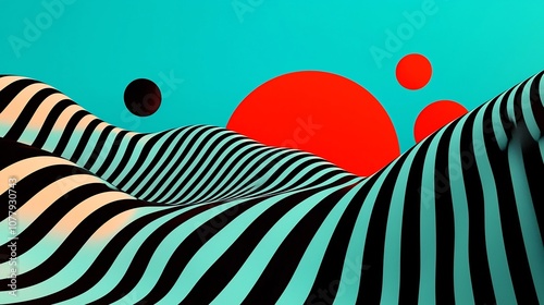 Striking and contemporary digital featuring retro pop art landscape with vibrant geometric patterns bold color scheme and futuristic 3D elements