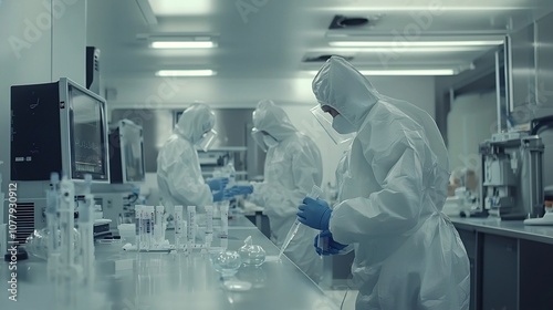 Team of Microbiologists Wearing Sterile Suits Examining Samples and Conducting Pathogen Analysis in High Tech Medical Research Laboratory