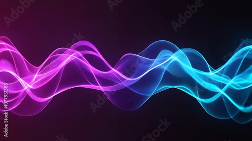 Abstract wavy lines of blue and pink light on a dark background.