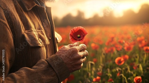 Veteran wearing a red poppy on their jacket reflecting on Remembrance Day in a poppy field as the sun sets creating a serene and contemplative scene photo