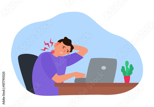 suffering neck pain man sitting and working with laptop vector illustration