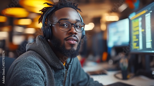 Focused man in headphones works on computer in a modern office environment.