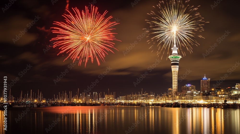 Bright Auckland Sky Tower Fireworks Illuminate Harbor Skyline Reflections Bright Auckland Sky Tower Fireworks Illuminate Harbor Skyline Reflections