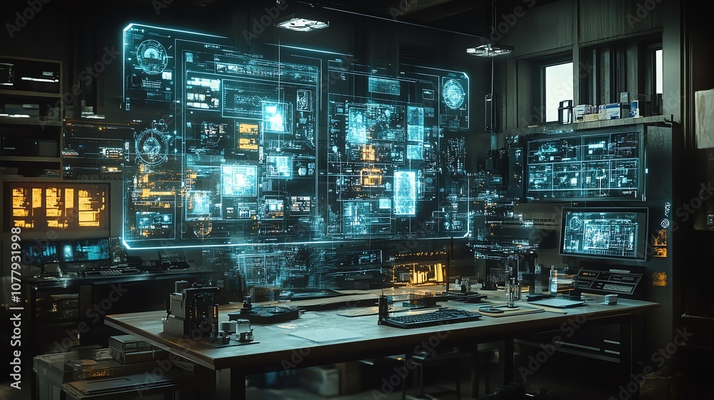 Futuristic workspace featuring holographic displays and advanced technology tools. Futuristic workspace featuring holographic displays and advanced technology tools.