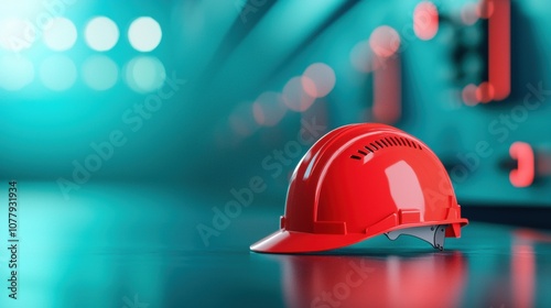 A close up shot of a hardhat icon used as a safety reminder on a machinery control panel, emphasizing the importance of wearing protective gear in industrial environments. photo