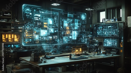 Wallpaper Mural Futuristic workspace featuring holographic displays and advanced technology tools. Torontodigital.ca