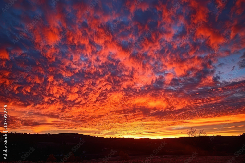 The sky ablaze with fiery colors as the sun sets, casting soft light across the horizon. The sky ablaze with fiery colors as the sun sets, casting soft light across the horizon.