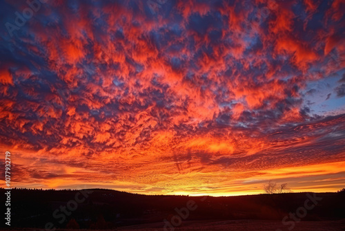 The sky ablaze with fiery colors as the sun sets, casting soft light across the horizon.