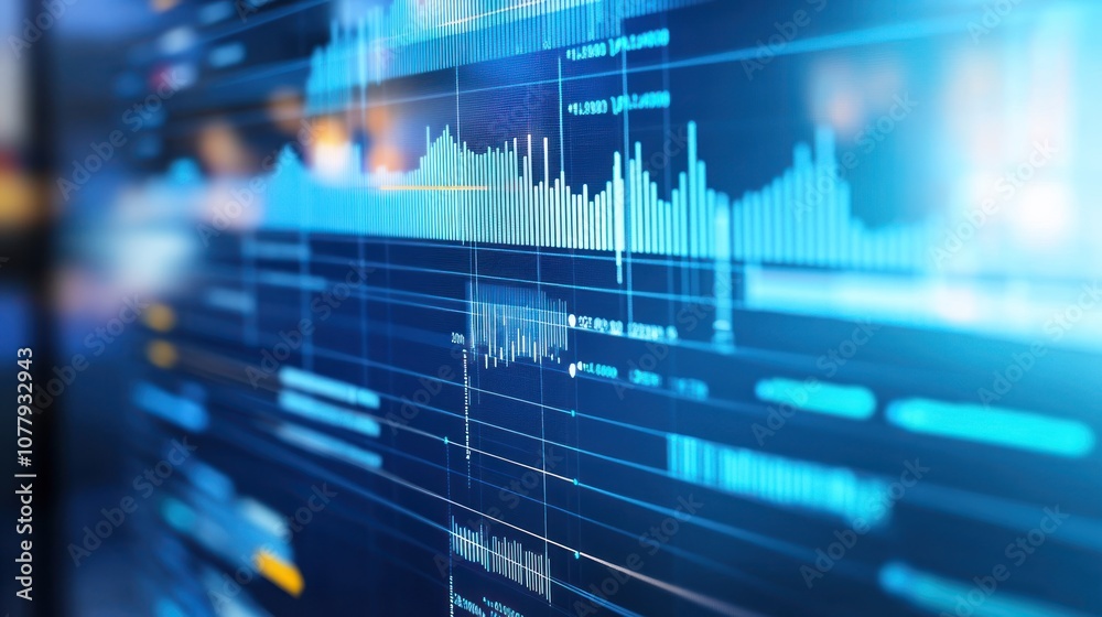 A close-up of a digital data visualization with graphs and metrics. A close-up of a digital data visualization with graphs and metrics.