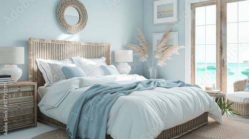 Coastal-inspired bedroom with light blue walls, wicker furniture, white linens, and ocean-inspired decor, with a breezy atmosphere and nautical accents.