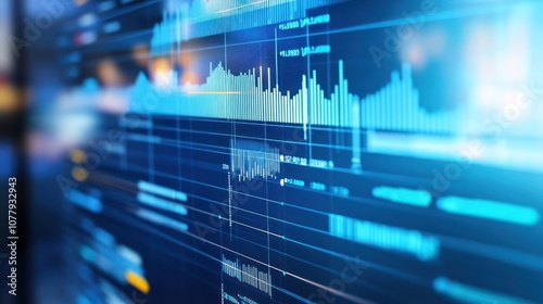 A close-up of a digital data visualization with graphs and metrics.