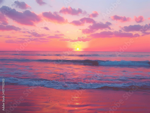 The sky filled with brilliant colors as the sun sets over the ocean, creating a peaceful and tranquil view. photo