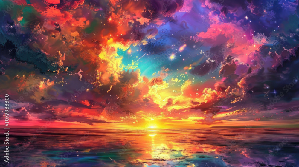 The sky painted with vivid colors as the sun disappears, creating a stunning visual display of light. The sky painted with vivid colors as the sun disappears, creating a stunning visual display of light.