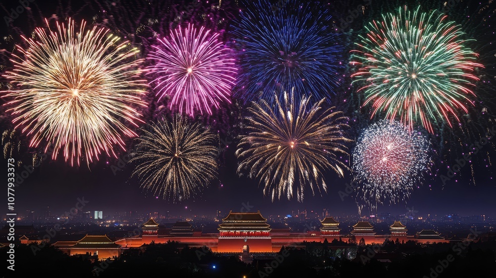 Majestic Fireworks Illuminating the Forbidden City's Ancient Silhouette Majestic Fireworks Illuminating the Forbidden City's Ancient Silhouette