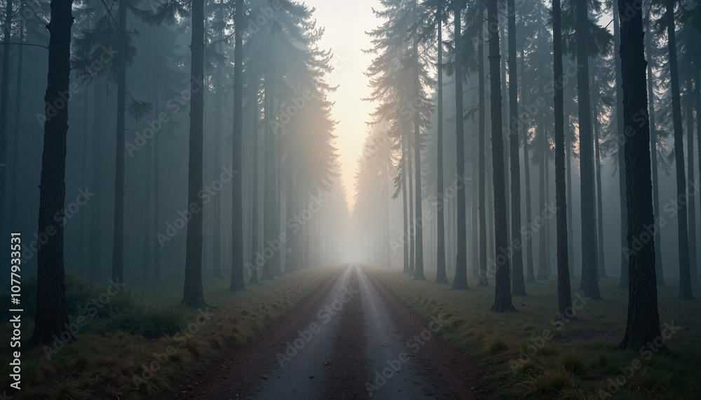 Fototapeta premium Misty forest road, mysterious mood, tall trees, soft light, nature landscape