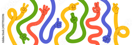 Comic flexible colorful long hands showing different gesture design elements in groovy hippie style