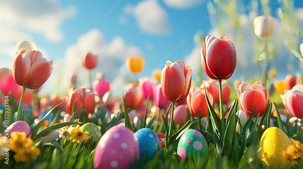 Vibrant tulip field with colorful Easter eggs hidden among the blooming flowers creating a charming spring scene This 3D showcases the beauty of nature during the Easter season Vibrant tulip field with colorful Easter eggs hidden among the blooming flowers creating a charming spring scene This 3D showcases the beauty of nature during the Easter season