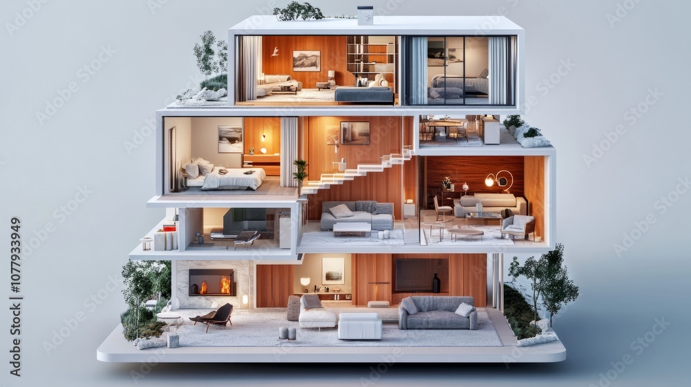 Fototapeta premium 3D house model sliced open to show interiors, featuring furniture and decor in a layered, architectural style