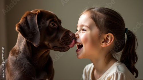 Chocolate Labrador Tongue Licking Little Girl With Brown Hair photo