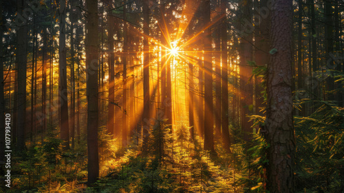 The sun's rays piercing through a dense forest at sunset, illuminating the trees with a soft, golden glow.