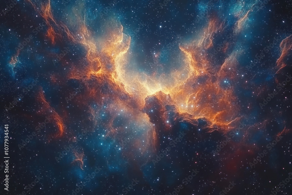 Fototapeta premium A vibrant nebula of orange and blue gas clouds with sparkling stars, a stunning representation of the beauty and vastness of the cosmos.