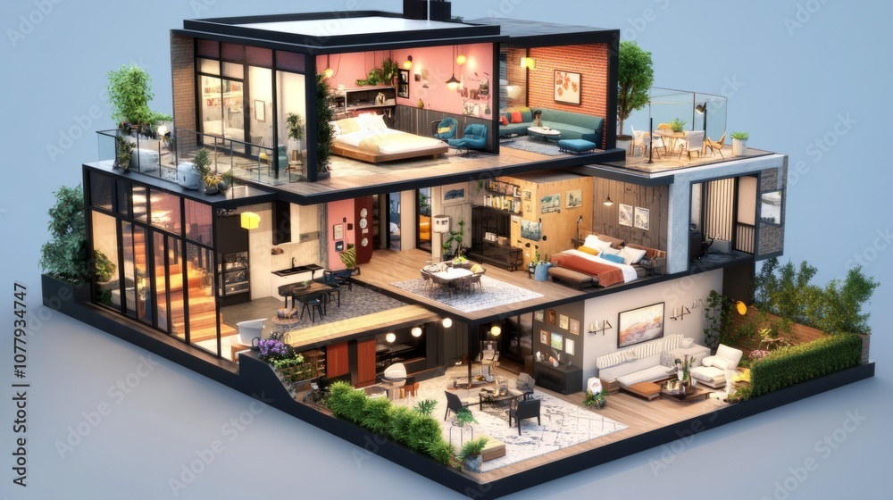 Cross-section view of a 3D house, showcasing furnished interiors with a modern style and detailed decor in each room. Cross-section view of a 3D house, showcasing furnished interiors with a modern style and detailed decor in each room.