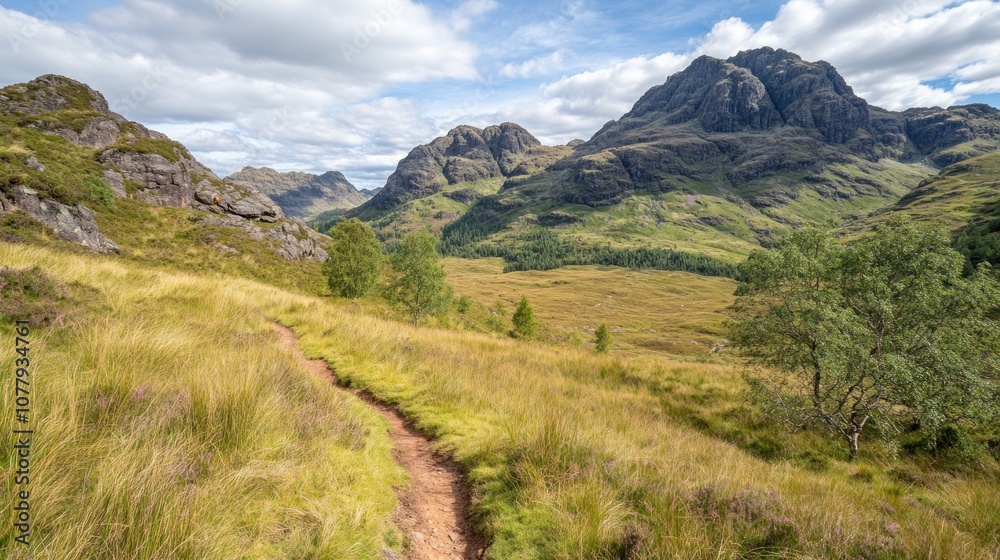 Scenic view of a winding path through green hills and mountains under a cloudy sky. Scenic view of a winding path through green hills and mountains under a cloudy sky.