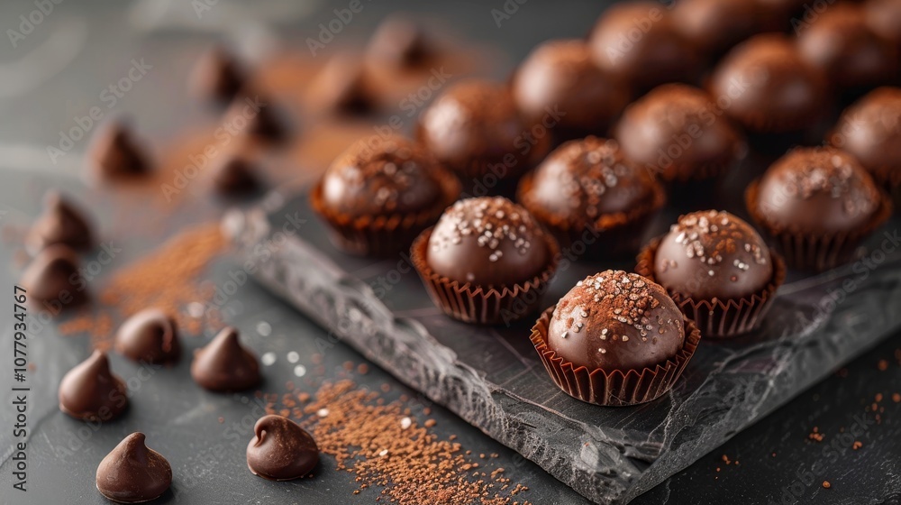 Dark chocolate truffles arranged elegantly on a sleek black marble serving board, with soft, moody lighting emphasizing their glossy texture 