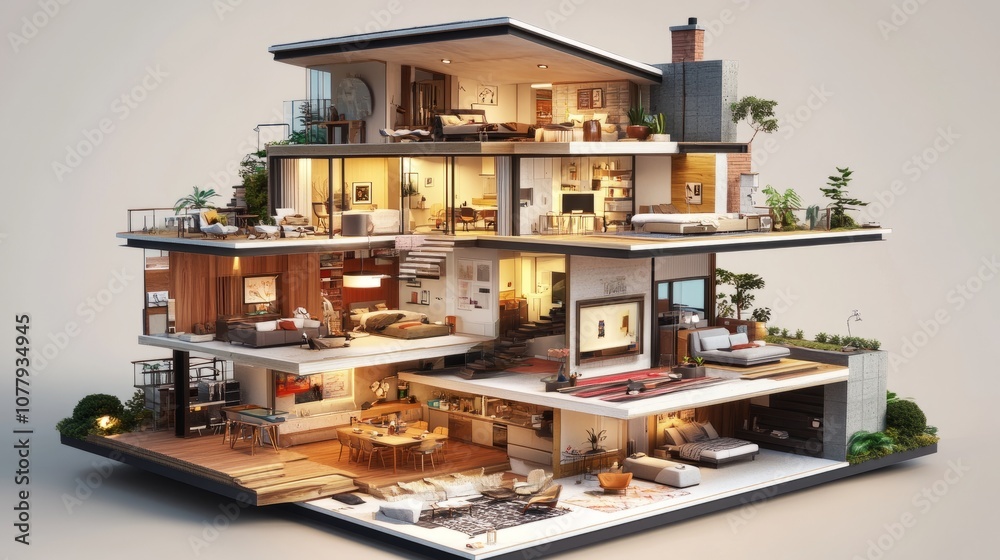 House concept in 3D, sliced open to reveal a modern interior layout with various rooms and decor elements on each level. House concept in 3D, sliced open to reveal a modern interior layout with various rooms and decor elements on each level.