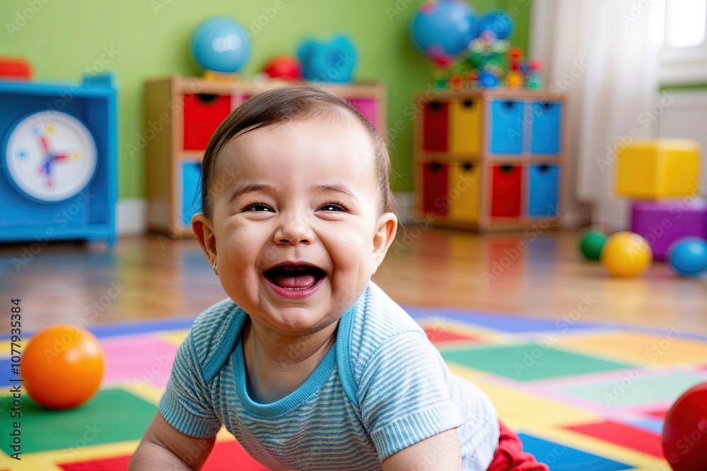 Obraz premium Happy Baby Laughing in Vibrant Playroom Filled with Joy and Colorful Fun