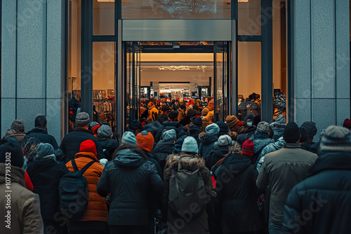 large, excited crowd rushes through store entrance on sale day, full of anticipation