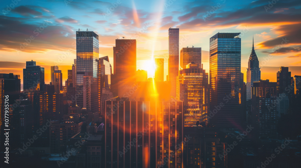 Fototapeta premium The sun rising behind a row of skyscrapers, filling the sky with warm light and casting the buildings in silhouette.