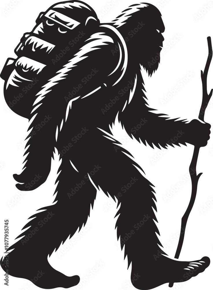 Fototapeta premium Bigfoot silhouette carrying a large backpack